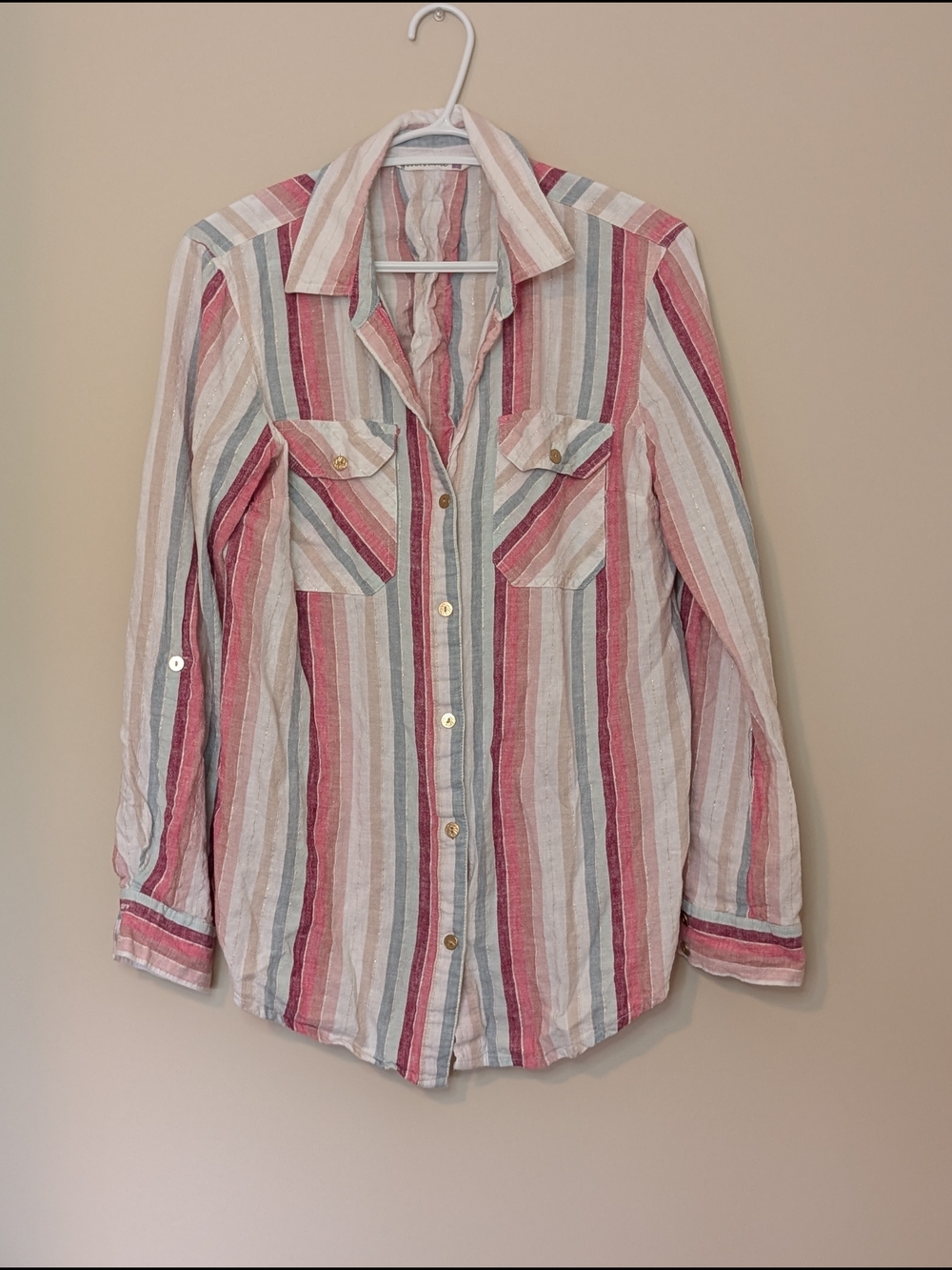 Given Kale, Striped Button-Down Shirt - Pink, Blue & Cream, Size Small